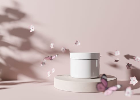 White, blank and unbranded cosmetic cream jar standing on podium, with flying flowers. Skin care product presentation on pink background. Natural mock up. Jar with copy space. Blossom. 3D rendering