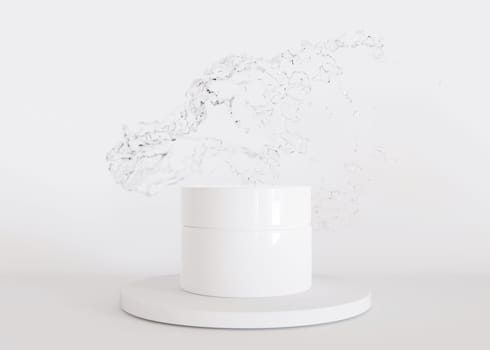 White and blank, unbranded cosmetic cream jar standing on podium, with water splash. Skin care product presentation on white background. Modern mock up. Jar with copy space. 3D rendering