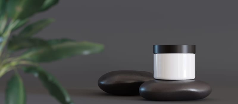 Blank, unbranded cosmetic cream jar standing on black spa stone, with plants. Skin care product presentation on dark gray background. Modern mock up. Jar with copy space. 3D render