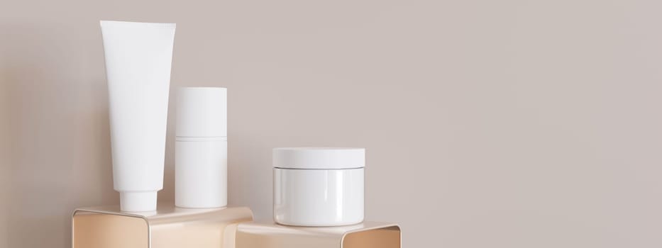Group of white and blank, unbranded cosmetic cream jars and tubes on beige background. Skin care product presentation. Elegant mockup. Skincare, beauty and spa. Jar, tube with copy space. 3D render