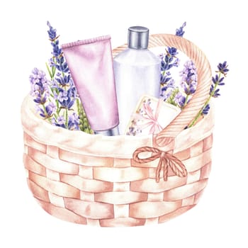 Watercolor illustration. Wicker basket with lavender and a set of cosmetics. Isolated on a white background. Purple shampoo, balm, soap as a gift. For the design of posters for beauty spa salons.