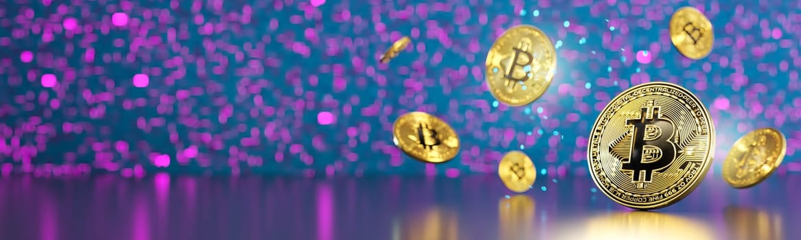 Cryptocurrency golden bitcoin coins with neon lights. Symbol of crypto currency - electronic virtual money for web banking and international network payment. Banner with copy space. 3D rendering