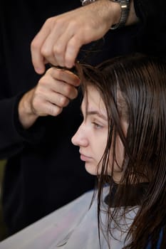 male hairdresser is combing the hair of the female client. hairdresser doing hair to his client woman