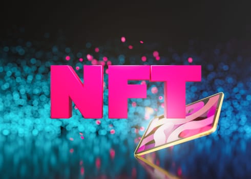 NFT, non fungible token. Creation of digital, crypto art, sale on NFT marketplace. Selling games characters, blockchain assets and digital artwork. Future, cryptocurrencies and e-commerce. 3d render