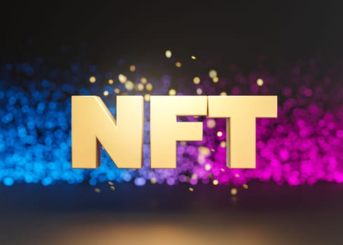 NFT, non fungible token. Creation of digital, crypto art, sale on NFT marketplace. Selling games characters, blockchain assets and digital artwork. Future, cryptocurrencies and e-commerce. 3d render