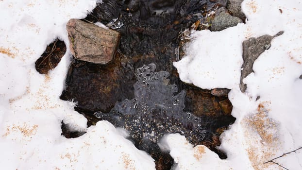 The spring makes its way out of the ground in winter. Clean drinking water. There are rocks, snow, coniferous trees all around. Ice in places. Bubbles rise to the surface. A stream of clear water
