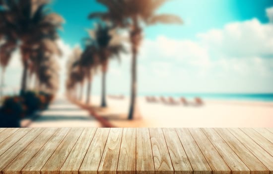 Empty wooden deck table over beach bokeh background. Concept of beach in summer.