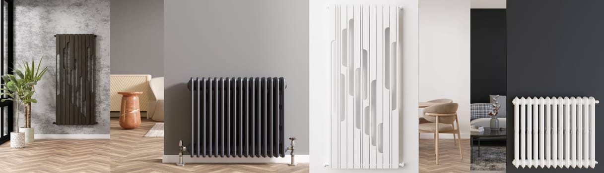 Collage with various modern heating radiators in home interior. Beautiful design radiator. Banner with heating elements. Radiator shop, store, consulting. Heating planning. 3D rendering