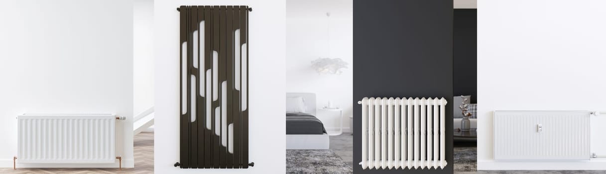 Collage with various modern heating radiators in home interior. Beautiful design radiator. Banner with heating elements. Radiator shop, store, consulting. Heating planning. 3D rendering