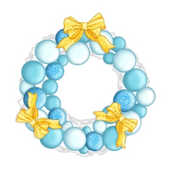 Blue Gold Glitter Balloons Wreath illustration isolated Clipart. Blue Gold Balloons Garland Decoration Party Clipart for celebration design, planner sticker, pattern, background, invitations, greeting cards, sublimation.