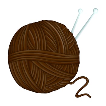 Brown Knitting Yarn Ball Isolated Clipart Illustration. Yarn balls and knitting needles. Manual knitting concept. Watercolor hand drawn illustration, isolated on white background