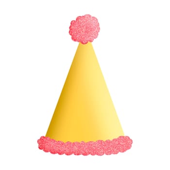 Gold Glitter Party Hat with Pink Pompom Isolated Clipart Illustration for celebration design, planner sticker, pattern, background, invitations, greeting cards, sublimation.