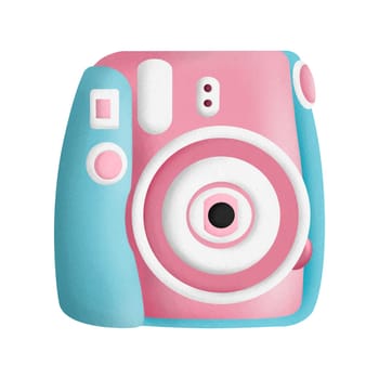 Watercolor hand drawn blue pink instant photo camera isolated on white background. Retro photography clipart for design, planner sticker, pattern, background, invitations, greeting cards, sublimation.