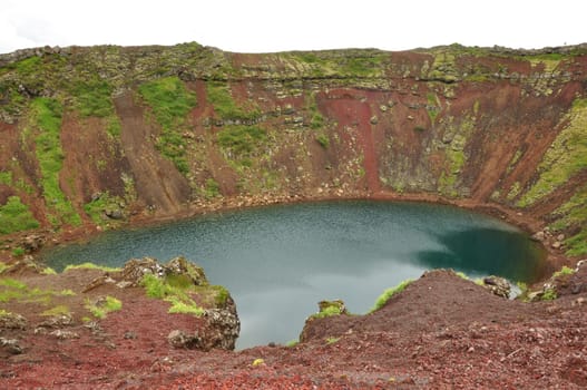 Aerial view of Kerid Crater lake in Iceland