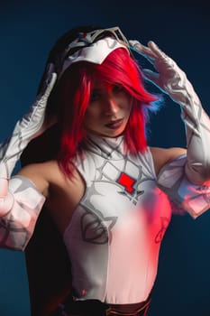 Sexy young woman in white dress and gloves, with red hair in neon light. portrait of a young beautiful sexy red-haired girl with a short haircut and stylish makeup, cosplay.