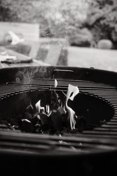 Vertical grayscale shot of flames blazing from a kettle grill in Burdinne, Belgium