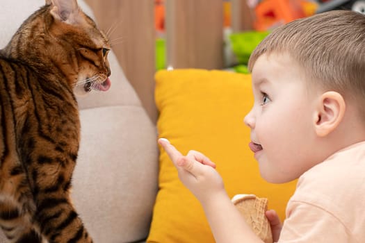 Little caucasian cute boy feeds domestic striped red leopard bengal cat with white ice cream in a waffle cup in home interior. Close-up. Soft focus.