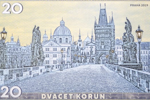 Prague and Charles Bridge from Czech money