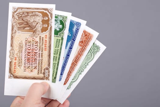 Czechoslovak money - Crowns  in the hand on a gray background