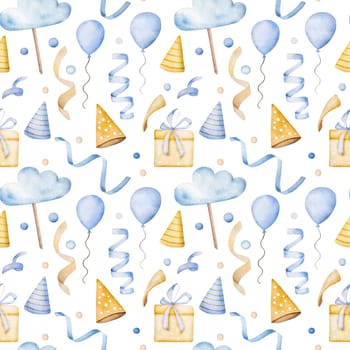 Happy birthday gift box, balloon and party hat blue watercolor seamless pattern. Postcard for newborn baby boy with festive paintings