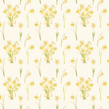 Spring flowers narcissus watercolor seamless pattern. Yellow easter blossom plant daffodil aquarelle painting for design and decoration