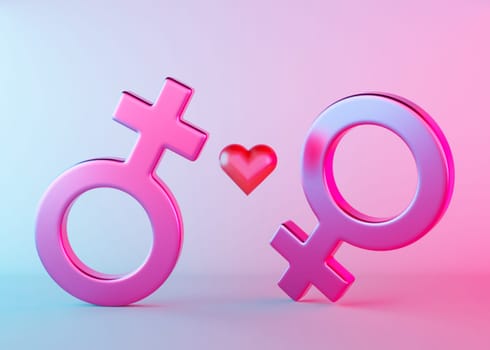 Two female sex symbols with heart and neon light. Venus symbol for women. Gender sign. Love, LGBT community. Lesbians couple, relationship. Diversity, homosexuality, equal marriage. 3D rendering