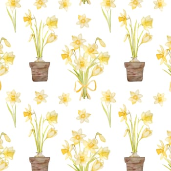 Spring flowers narcissus in watering can and pot watercolor seamless pattern. Yellow easter blossom plant daffodil aquarelle painting for design and decoration