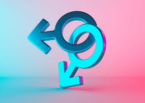 Two male sex symbols with neon light. Mars symbol for men. Gender sign. Alternative love, LGBT community. Gay couple, relationship. Diversity, homosexuality, equal marriage. 3D rendering