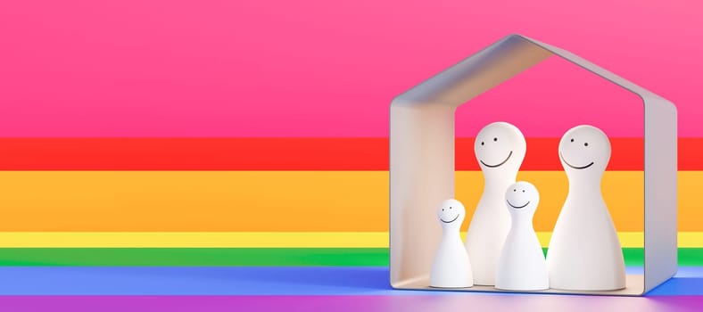 LGBT family figures, banner with copy space. Homosexual parents with children. LGBT adoption concept. LGBTQ, include lesbians, gays, bisexuals and transgender people. Equal marriage. 3D rendering