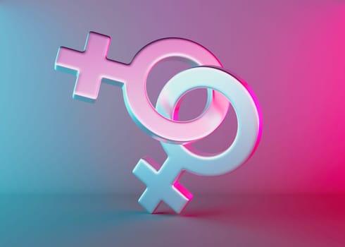 Two female sex symbols with neon light. Venus symbol for women. Gender sign. Love, LGBT community. Lesbians couple, relationship. Diversity, homosexuality, equal marriage. 3D rendering