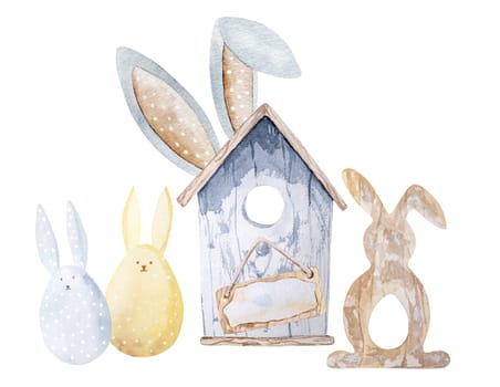 Easter watercolor art with rabbit, eggs and bird house with bunny ears decoration. Cute spring religion holidays postcard
