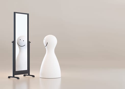 Happy person looking at himself in mirrors reflection and smiling. Concept of self-satisfaction, mental health, self care, love yourself, be positive. Copy space for your text. 3D rendering