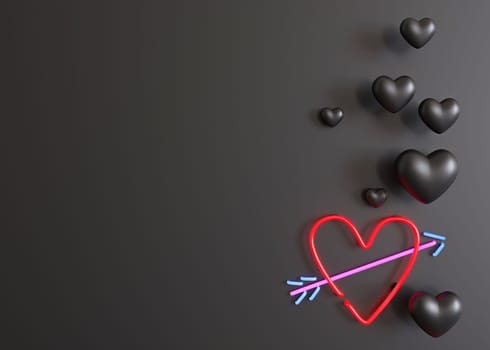 Black background with hearts and copy space. Valentine's Day backdrop. Empty space for advertising text, invitation, logo. Postcard, greeting card design. Love symbol. 3D render