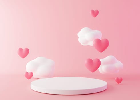 Pink podium with hearts and clouds flying in the air. Valentine's Day, Mother's Day, Wedding. Podium for product, cosmetic presentation. Mock up. Pedestal or platform for beauty products. 3D render