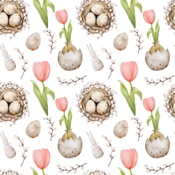 Beautiful pink tulip flower, easter eggs in nest and willow for spring holiday watercolor seamless pattern. Garden blossom plant for religion holly day celebration