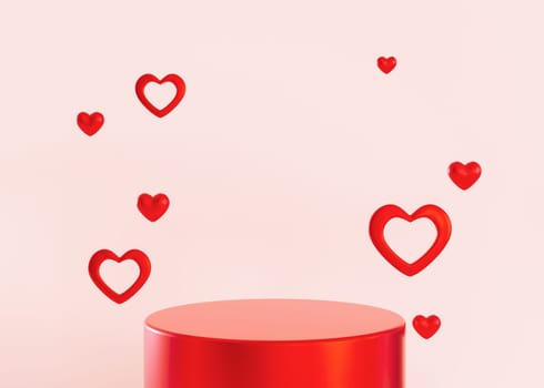 Red podium with hearts flying in the air. Valentine's Day, Mother's Day, Wedding. Podium for product, cosmetic presentation. Mock up. Pedestal or platform for beauty products. 3D render