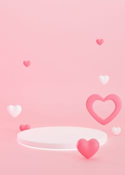 Podium with hearts flying in the air. Valentine's Day, Mother's Day, Wedding. Podium for product, cosmetic presentation. Mock up. Pedestal or platform for beauty products. 3D render
