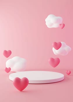 Podium with hearts and clouds flying in the air. Valentine's Day, Mother's Day, Wedding. Podium for product, cosmetic presentation. Mock up. Pedestal or platform for beauty products. 3D render