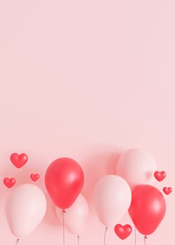Pink vertical background with hearts, balloons and copy space. Valentine's Day, Mother's Day backdrop. Empty space for advertising text, invitation, logo. Postcard, greeting card design. 3D render