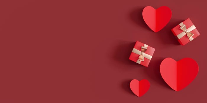 Dark red background with hearts, presents and copy space. Valentine's Day, Wedding backdrop. Empty space for advertising text, invitation, logo. Postcard, greeting card design. Love symbol. 3D render