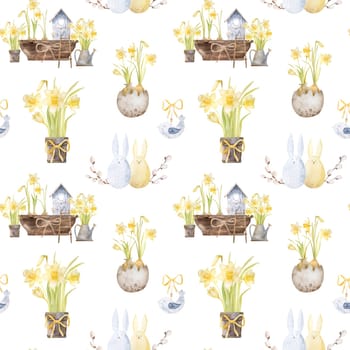 Beautiful yellow narcissus flowers, easter willow with bunny and wooden bird house watercolor seamless pattern Blossom plant for spring holidays