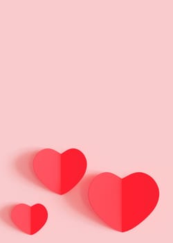 Pink background with hearts and copy space. Valentine's Day, Mother's Day, Wedding backdrop. Empty space for advertising text, invitation, logo. Postcard, greeting card design. Love symbol. 3D render