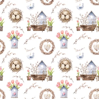 Beautiful pink tulip flowers, easter willow and eggs in nest with wooden bird house watercolor seamless pattern. Blossom plant for spring holidays