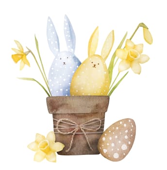 Easter bunny rabbit, narcissus flowers in pot and egg watercolor painting for chrisitian holiday. Spring religion celebration symols for postcard design