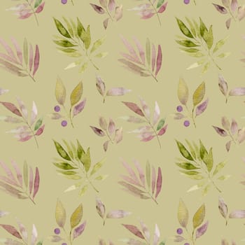 Floral watercolor nature ornament with leaves seamless pattern on yellow background. Botanical blossom spring summer illustration for postcard