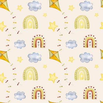 Sweet dreams watercolor illustration with rainbow, cloud and kite seamless pattern. Adorable good night postcard design elements for newborn baby