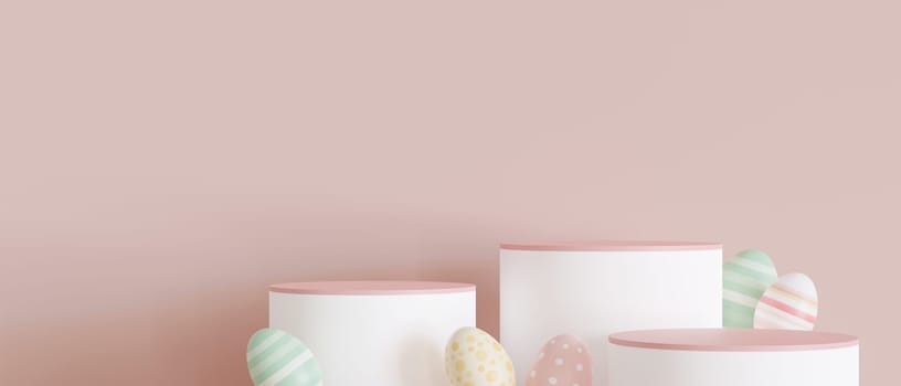 Three white and pink podiums with Easter eggs, copy space. Modern stage for product, cosmetic presentation. Easter mock up. Pedestal, platform for products. Empty scene. Display, showcase. 3D render