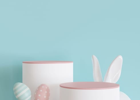 Two podiums with Easter eggs, rabbit ears and copy space on blue background. Stage for product, cosmetic presentation. Easter mock up. Pedestal, platform. Empty scene. Display, showcase. 3D render