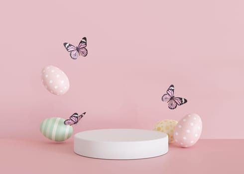 Podium with Easter eggs, butterflies and copy space. Modern stage for product, cosmetic presentation. Easter mock up. Pedestal, platform for beauty products. Empty scene. Display, showcase. 3D render