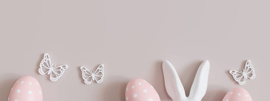 Beige background with Easter eggs, rabbit ears, butterflies and copy space. Easter backdrop. Empty space for text, advertising. Postcard, greeting card design. Pascha, Happy Easter Day. 3D render